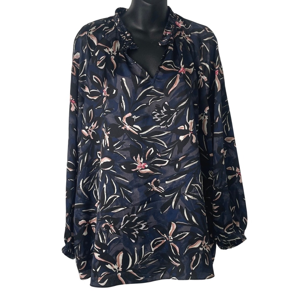 Tahari Woman 2X Navy Blue Floral Split Neck Ruffle Blouse Long Sleeve Top